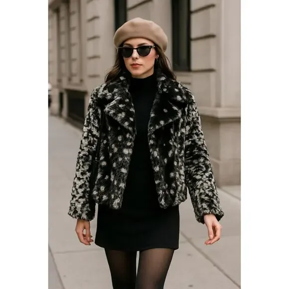 La Seine Black & White Faux Fur Leopard Coat Women’s Large Cropped Winter Jacket - Picture 1 of 14